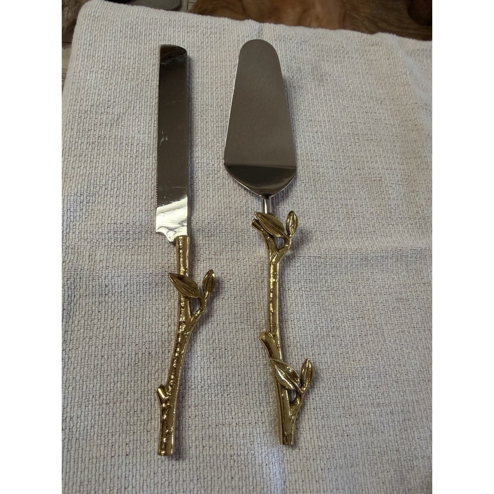 Godinger Leaf Collection 2-piece Cake Server with gold twig/leaf handles New